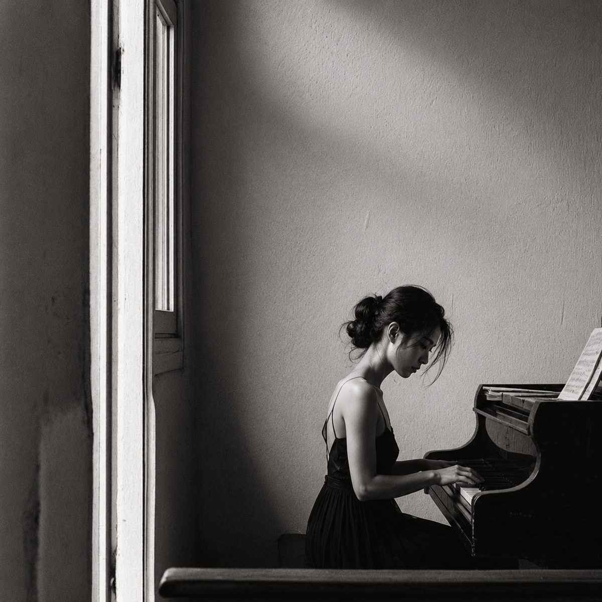 Pianiste près d'une fenêtre, lumière douce, noir et blanc